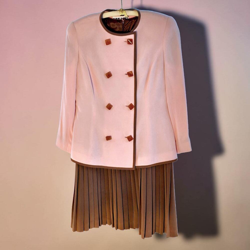 Vintage David Hayes 100% Silk Dress Jacket Set Size 14 Pink Brown Pleated USA